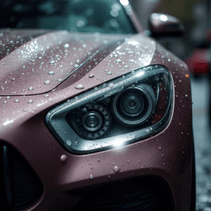 Automobilis su blizgia nano danga, nuo kurios nubėga vandens lašeliai.