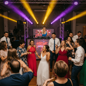 DJ muzikos grojimas vestuvėse, kuriant šventinę atmosferą.