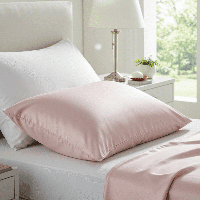Šilkinis pagalvės užvalkalas šviesioje miegamojo aplinkoje, paryškinant jo glotnų paviršių