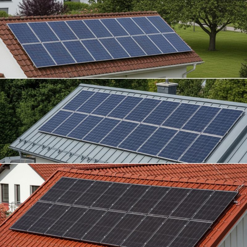 Skirtingų tipų saulės moduliai sumontuoti ant gyvenamojo namo stogo dienos metu.